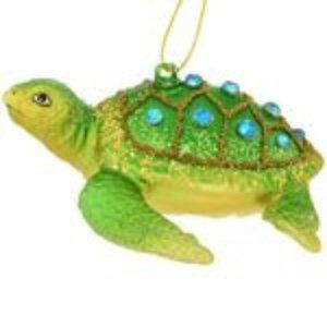 NWT Glass Sea Turtle ornament-4" x 3"x 2"-spirit totem-gold-blue crystals-beach